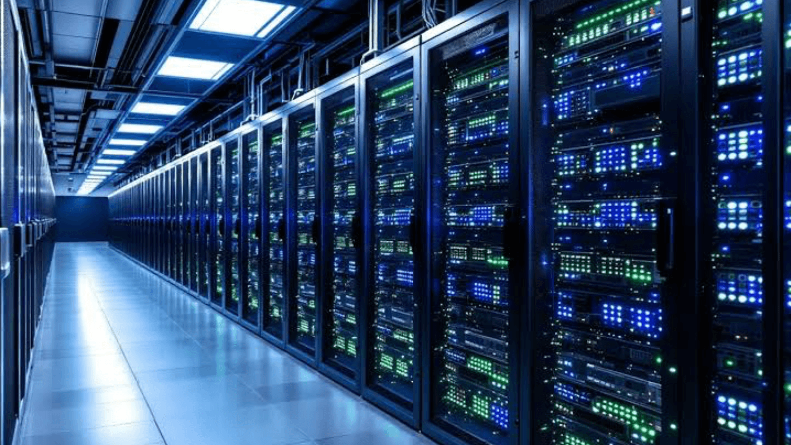 Rows of server racks with blue and green status lights in a data center, the infrastructure AI runs on
