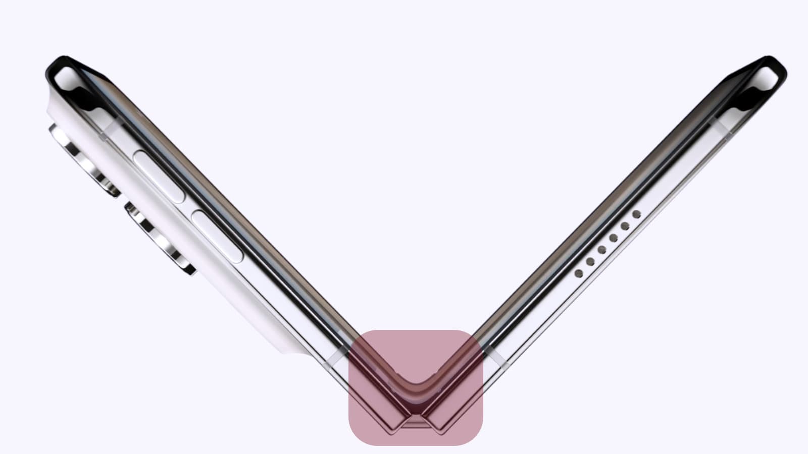 The iPhone Duo half-open, seen from the side, with the curved hinge area highlighted