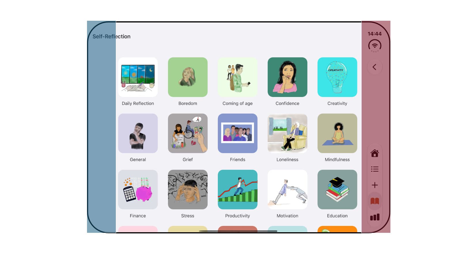 Luci's self-reflection topics on the iPhone Duo inner display, with the tab bar on the right and the left and right safe areas highlighted