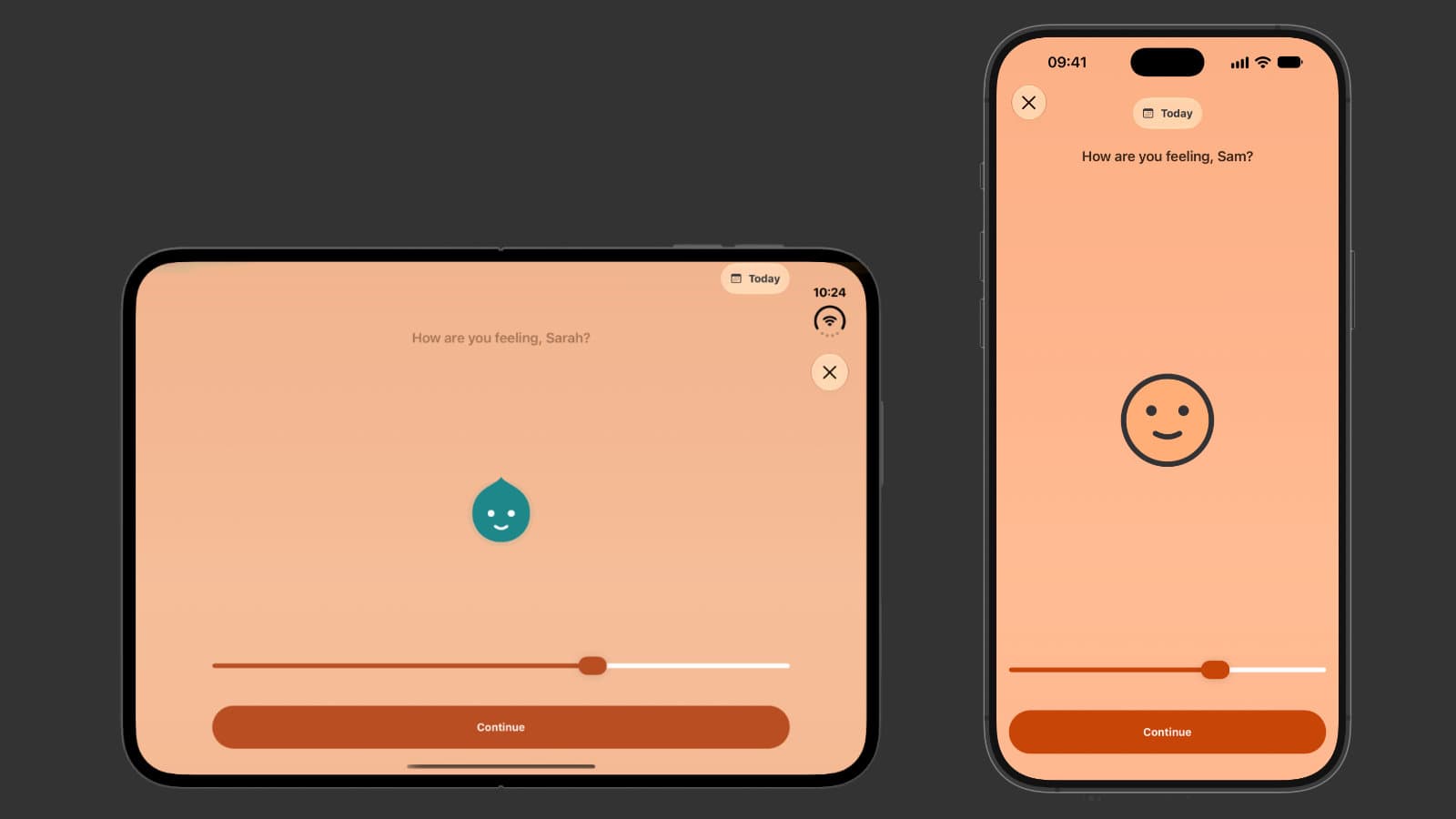 Luci's mood logging screen on the opened iPhone Duo next to the same screen on a regular iPhone